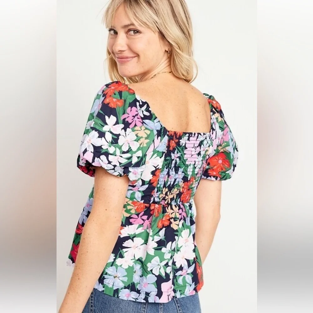 Old Navy Size Medium Floral Print Waist-Defined Puff Sleeve V-Neck Top Cotton